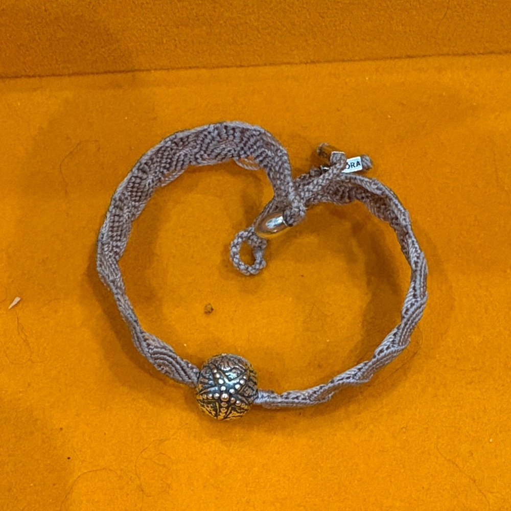 Handwoven Taupe Bracelet with Decorative Silver Bead
